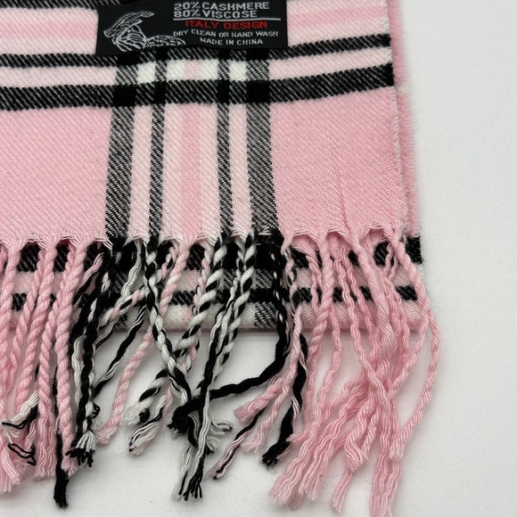 Cashmere Blend Scarf Pink Black & White Plaid With Fringe 68” x 12” Winter - Picture 3 of 6